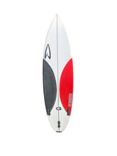 Load image into Gallery viewer, Surfboard with a white, red, and black design on a white background