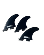 Load image into Gallery viewer, Three black surfboard fins on a white background