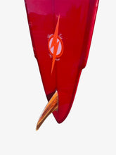 Load image into Gallery viewer, Red surfboard fin with a logo on a white background