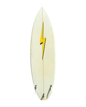 Load image into Gallery viewer, White surfboard with a yellow lightning bolt design on a white background