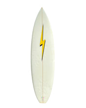 Load image into Gallery viewer, White surfboard with a yellow lightning bolt design on a white background