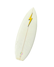 Load image into Gallery viewer, White surfboard with a yellow lightning bolt design on a white background