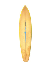 Load image into Gallery viewer, Vintage surfboard with a blue lightning bolt design on a white background