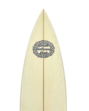 Load image into Gallery viewer, Beige surfboard with a logo on a white background