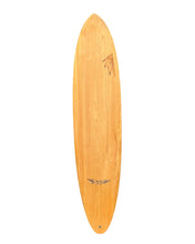 Load image into Gallery viewer, Wooden surfboard with a logo on a white background