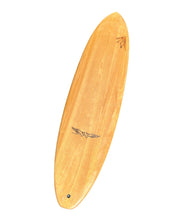 Load image into Gallery viewer, Wooden surfboard with a logo on a white background