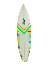 Load image into Gallery viewer, Colorful surfboard with a logo on a white background