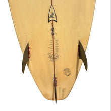 Load image into Gallery viewer, Used surfboard with decorative fins and branding on a white background
