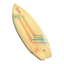 Load image into Gallery viewer, Yellow surfboard with multicolor stripes on a white background
