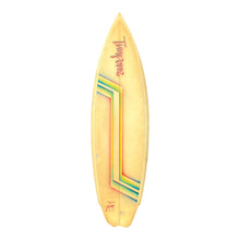 Load image into Gallery viewer, Yellow surfboard with colorful stripes on a white background
