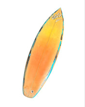 Load image into Gallery viewer, Orange surfboard with blue accents on a white background