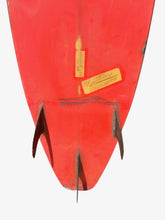 Load image into Gallery viewer, Red surfboard with gold fins on a white background