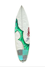 Load image into Gallery viewer, Surfboard with green and white design on a white background