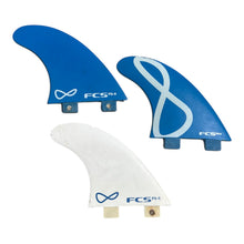 Load image into Gallery viewer, Three surfboard fins shown on a plain white background: two blue fins at the top and one white fin at the bottom. Each fin has printed branding and model text, including FCS and fin model numbers.