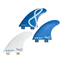 Load image into Gallery viewer, Three surfboard fins on a plain white background: two blue fins and one white fin. The fins show the FCS logo and infinity symbol, with the top blue fin also showing FCS RG-4 text.