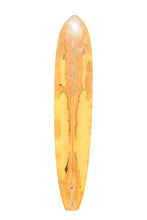 Load image into Gallery viewer, A long, narrow surfboard with a pointed tip and rounded bottom, shown upright against a plain white background. The board has a natural light tan finish with visible grain patterns.