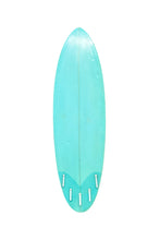 Load image into Gallery viewer, A turquoise surfboard with a classic nose and five white finboxes at the tail, shown against a plain white background.