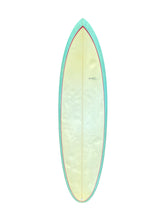 Load image into Gallery viewer, A surfboard featuring a pale cream to light yellow pearly finish with a turquoise border and a thin red center line, isolated on a white background.