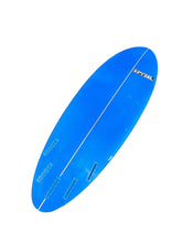 Load image into Gallery viewer, A bright blue surfboard shown diagonally on a plain white background, with a white centerline and small black-and-white branding near the nose.