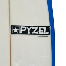 Load image into Gallery viewer, Close-up of a white surfboard with a blue edge stripe and a black PYZEL surfboards logo sticker on the side.