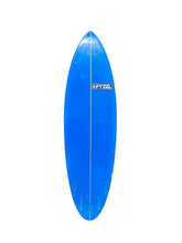Load image into Gallery viewer, A bright blue longboard surfboard with a white center line and a black and white PYZEL logo, shown vertically against a plain white background.