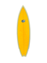Load image into Gallery viewer, A bright yellow surfboard with a light beige outline and a small blue and white logo in the center, shown against a plain white background.