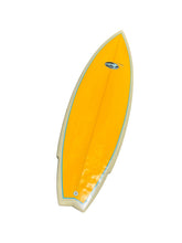 Load image into Gallery viewer, A bright yellow surfboard with a thin light blue outline and a cream-colored edge, shown against a plain white background.