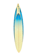 Load image into Gallery viewer, A long surfboard with a cream-to-blue gradient design, featuring a blue-to-yellow gradient center and the brand name 'Schapers' printed near the nose.