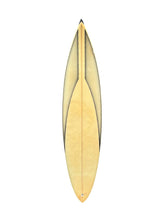 Load image into Gallery viewer, A long, narrow surfboard with a natural light wood finish and dark edge trim, isolated on a white background.