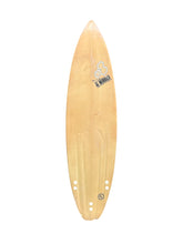 Load image into Gallery viewer, A natural light surfboard with a black and white graphic sticker near the nose, displayed vertically against a plain white background.