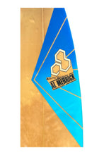 Load image into Gallery viewer, A surfboard logo featuring a geometric design with a gold background on the left and a bright blue background on the right, divided by diagonal lines. The center features a gold and black logo with the text 'Al Merrick'.