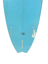 Load image into Gallery viewer, The rear view of a light blue surfboard with three silver metal leash attachments and a central logo, isolated on a white background.