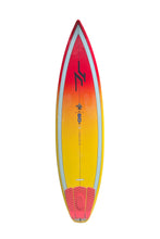 Load image into Gallery viewer, A surfboard with a vibrant yellow, orange, and red gradient design, featuring a black stylized logo and the brand name 'JC' printed on the deck.