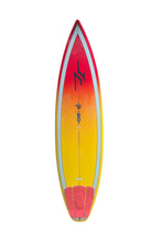 Load image into Gallery viewer, A JC surfboard with a vibrant yellow, orange, and red gradient design, featuring a black stylized logo and the brand name 'SD-3' printed on the deck.