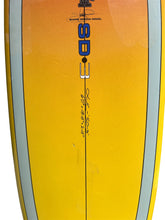 Load image into Gallery viewer, Close-up of a yellow surfboard with blue and white graphic details, including the text 'SHANE DORIAN MODEL' and 'SD3'.