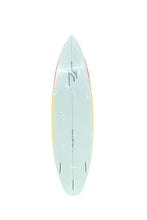Load image into Gallery viewer, A JC surfboard shown from a top-down view on a solid white background. The deck is a very pale mint green with a dark blue graphic logo near the nose, a yellow edge stripe, and a red edge stripe.