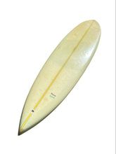 Load image into Gallery viewer, A vintage-style surfboard with a pale yellow and cream color scheme, featuring a yellow center stripe and a small green and black 'Lisard' brand logo near the tail.
