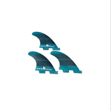 Load image into Gallery viewer, Three surfboard fins in a dark teal and black gradient finish with white 'foam' branding, arranged on a plain white background.