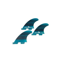 Load image into Gallery viewer, Three surfboard fins in a dark teal and black gradient finish with white 'foam' branding, arranged on a plain white background.