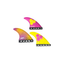 Load image into Gallery viewer, Three surfboard fins with colorful gradient designs in pink, yellow, and orange, displayed on a plain white background.