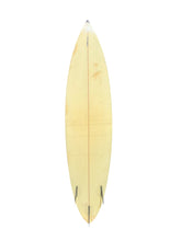 Load image into Gallery viewer, A nice surfboard with a natural light tan wood grain finish, featuring a pointed nose, a center rail, and dual tail fins, shown against a plain white background.