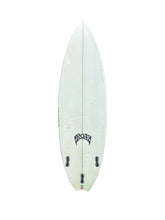 Load image into Gallery viewer, A white surfboard with a black 'Mayhem' logo near the tail and three black fin holes, shown against a solid white background.