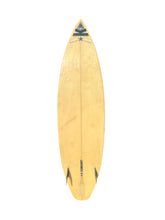 Load image into Gallery viewer, A vintage surfboard with a light natural cream color finish, featuring black graphic designs and the text 'KUNHART' near the tail, shown against a plain white background.