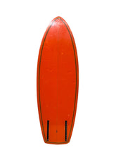 Load image into Gallery viewer, An orange surfboard shown from the bottom side, featuring a glossy finish and black fin lines, isolated on a white background.