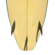 Load image into Gallery viewer, Close-up of the tail section of a surfboard showing the underside, with a pale yellow body, a central finline, and two dark fins against a white background.