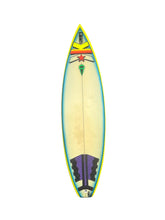 Load image into Gallery viewer, A long, narrow surfboard shown from above on a plain white background. The board has a pale yellow to cream center, a bright yellow edge, blue trim, a red star graphic near the nose, and a black-and-purple tail section.