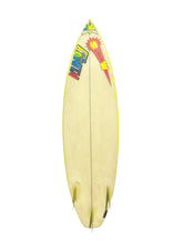 Load image into Gallery viewer, A vintage surfboard with a cream-colored face, featuring a colorful 'KUNNY' graphic and a red lightning bolt design near the nose, with a thin yellow edge trim and three fins.