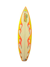 Load image into Gallery viewer, A Kunny surfboard with a cream-colored center, yellow edges, and orange and red flame graphics, featuring the brand name 'KUNNY' printed vertically near the nose.