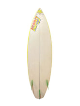 Load image into Gallery viewer, A vintage-style surfboard shown from the top deck view against a solid white background. The board is cream-colored with a thin yellow edge, featuring a colorful 'KUNNY' logo near the nose and green fins at the tail.