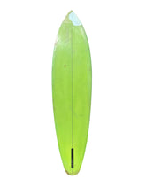 Load image into Gallery viewer, A lime green surfboard shown from the bottom side, featuring a central stringer and a small black finbox, isolated on a white background.